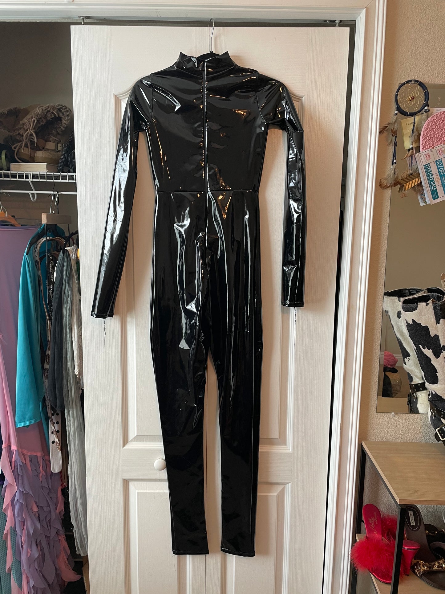 black PVC faux leather jumpsuit