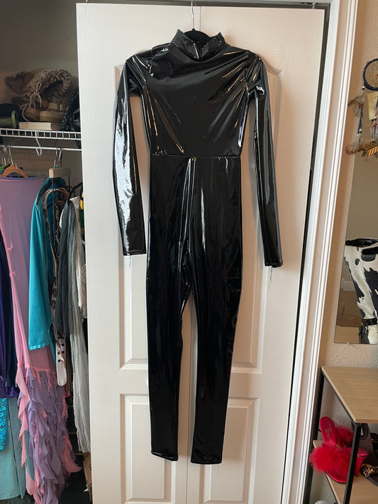 black PVC faux leather jumpsuit